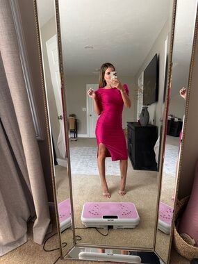 High end brand from Brazil Fitted Hot Pink Midi Dress with Side Slit
